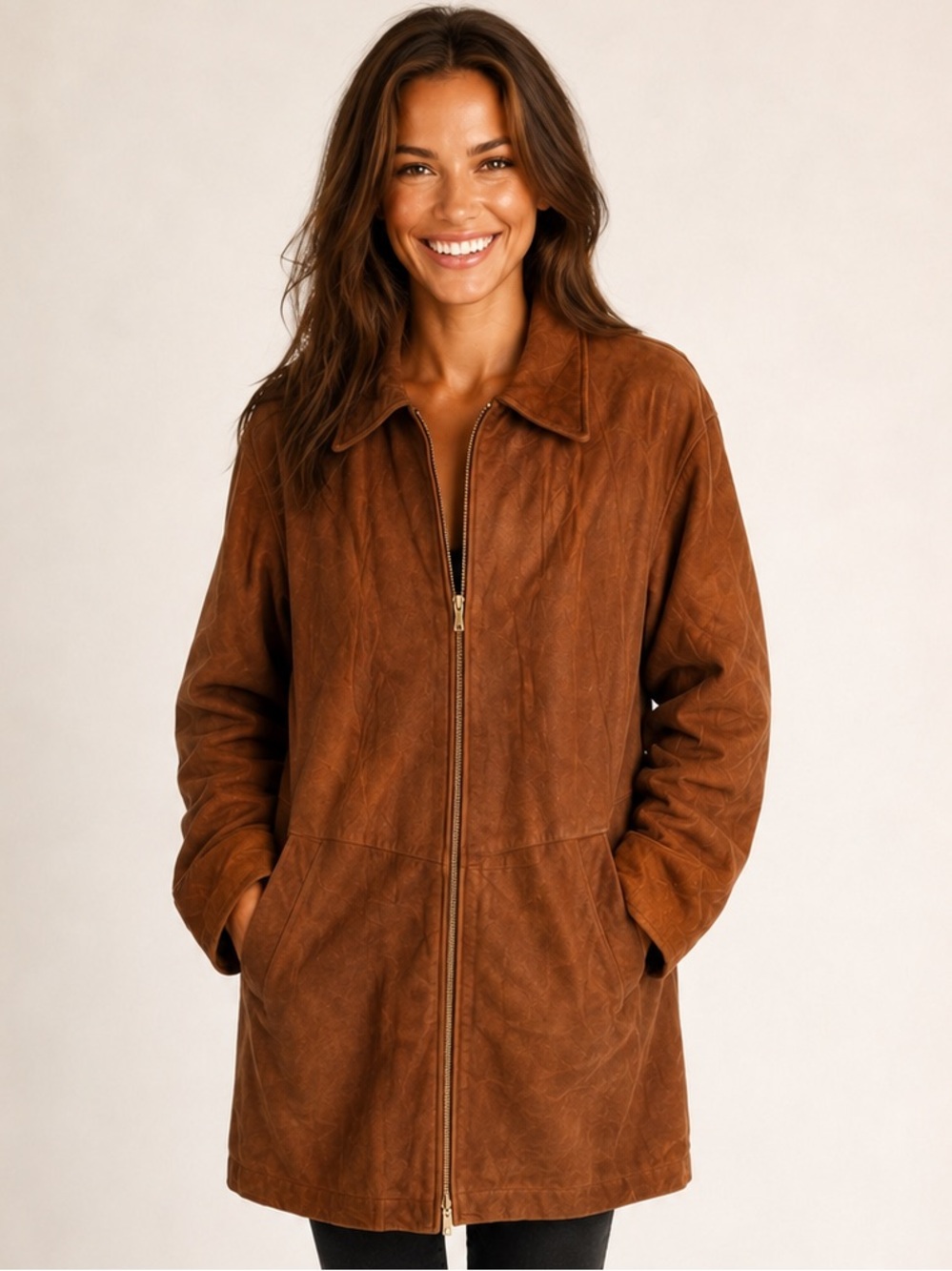 Vintage Studio Siena Cognac Suede Leather Longline Coat Thinsulate L Quiet Luxe
